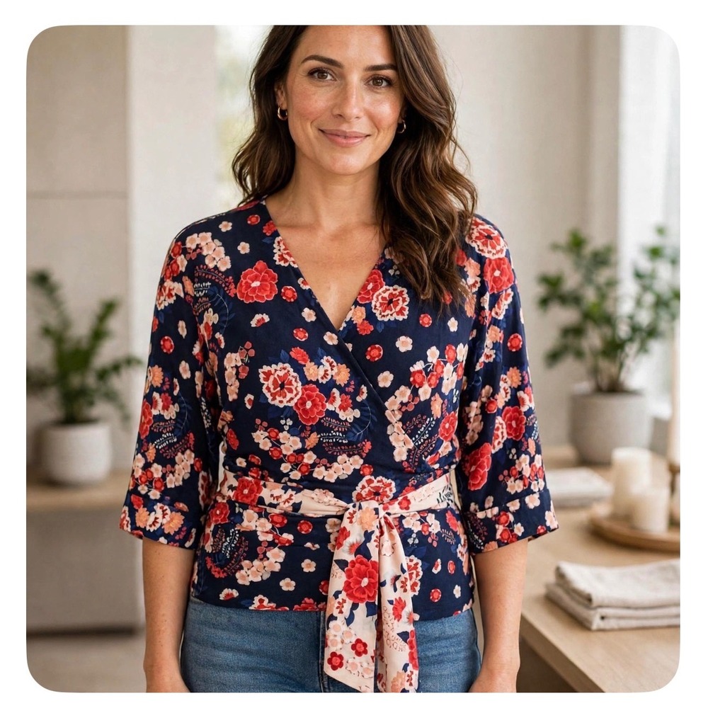 Violet + Claire Navy Floral Wrap Blouse Elbow Sleeve V-Neck Top Medium
